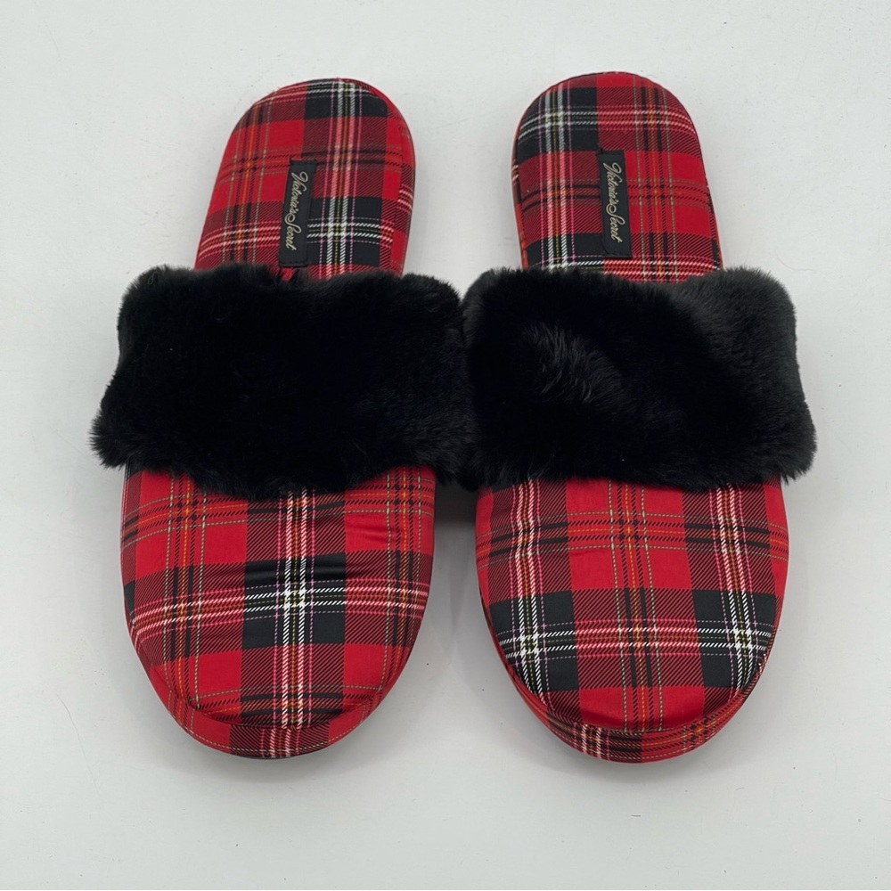 VICTORIA’S SECRET SLIPPERS WOMENS SZ L, RED AND BLACK PLAID, LIKE NEW, P…